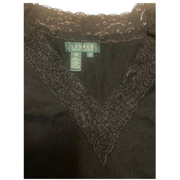 Lauren Ralph Lauren Black Lace Trim V Neck Long Sleeve Sweater Top Plus Size 2X - Picture 3 of 5